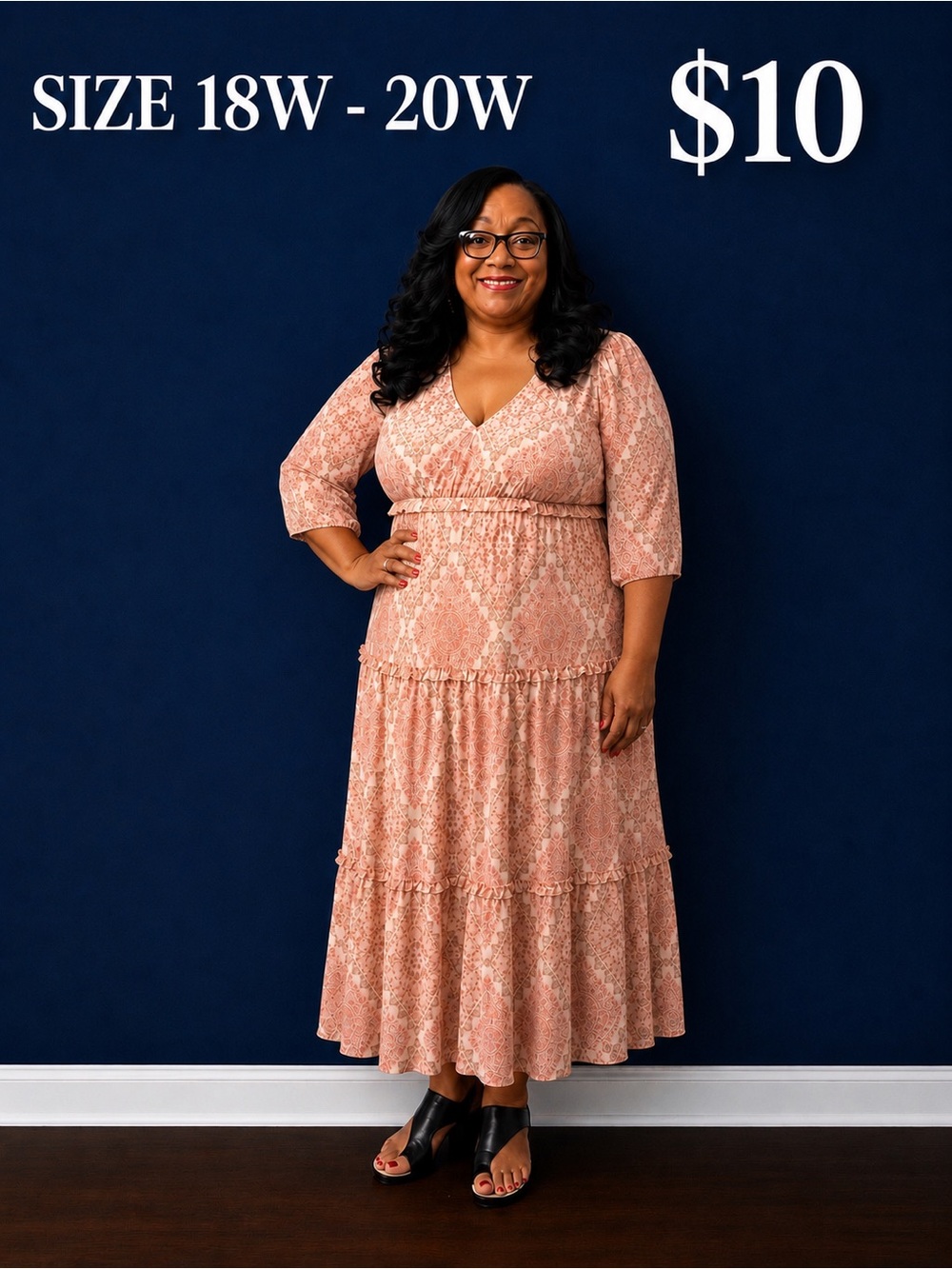 Plus Size Peach Floral Tiered Midi Dress - V-Neck, 3/4 Sleeve